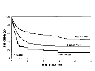 이식전 환자의 골수의 아세포율에 따른 골수 이식 후 무병 생존율